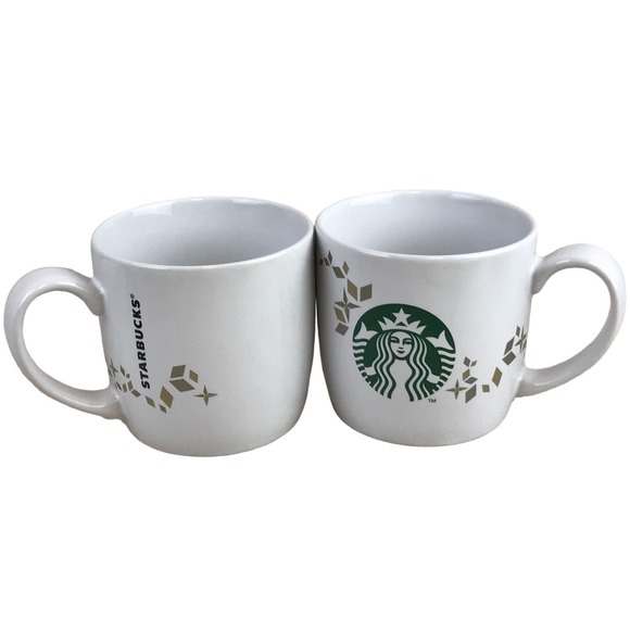 Starbucks 2 Mug‎ Lot Holiday Collection 2013 Mermaid Siren Logo Gold Snowflakes - Picture 1 of 8